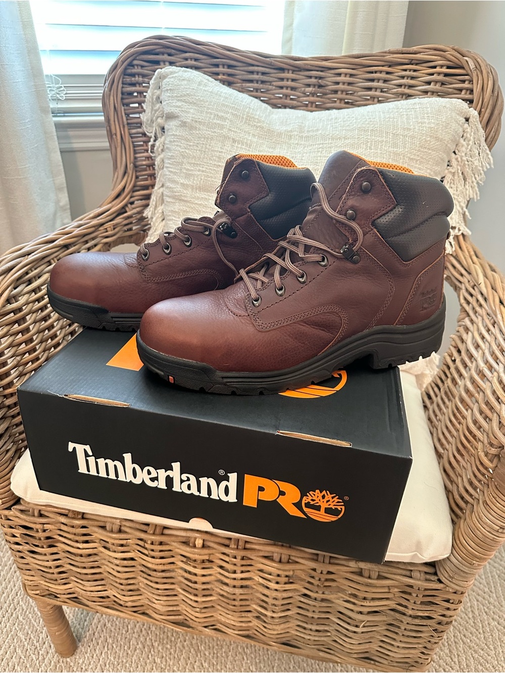 Timberland PRO Men's Dark Brown Leather Work Boots with Black Accents NEW IN BOX